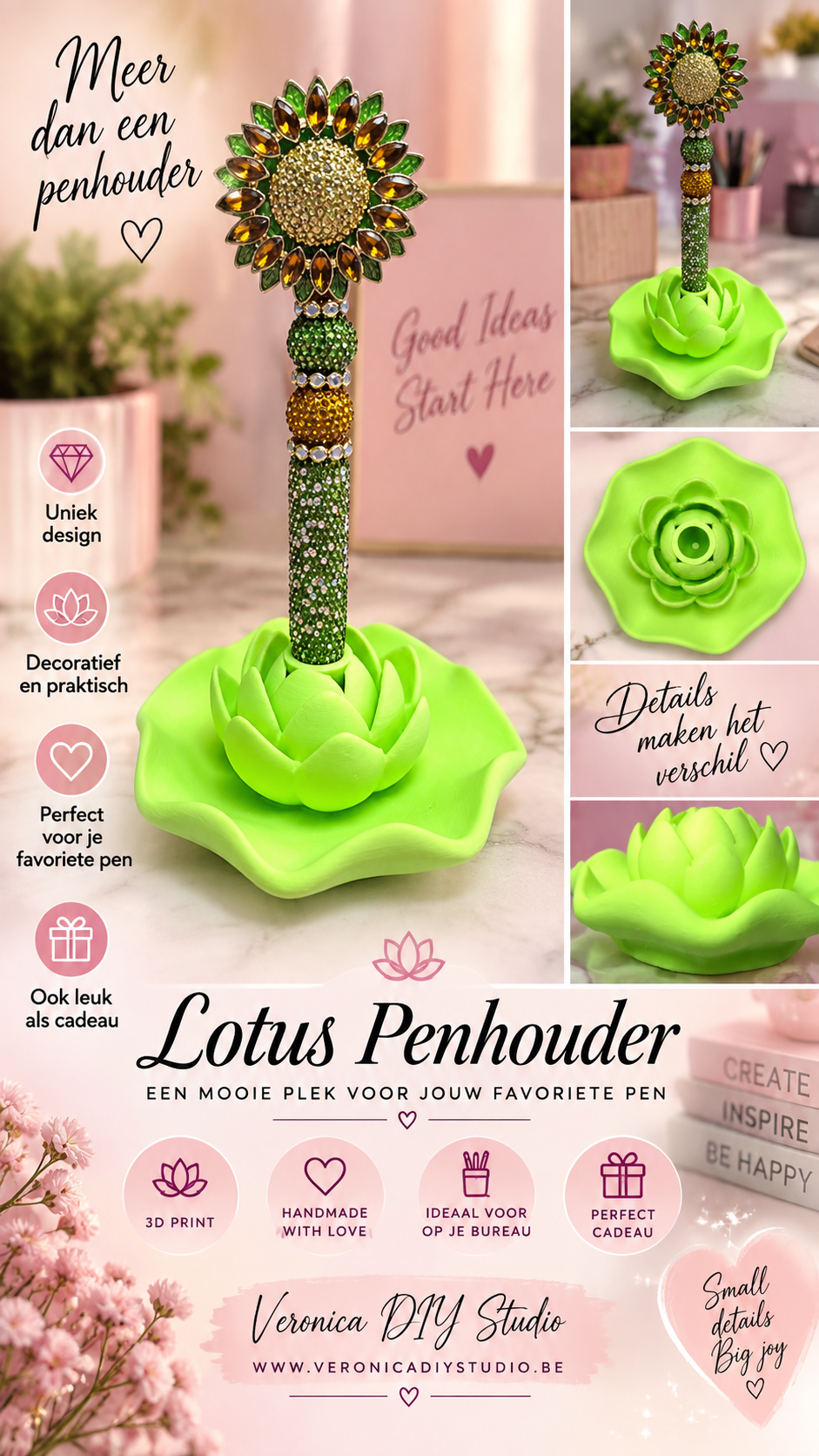 Lotus Penhouder – 3D Geprint – Decoratieve Bloemhouder voor 1 Pen