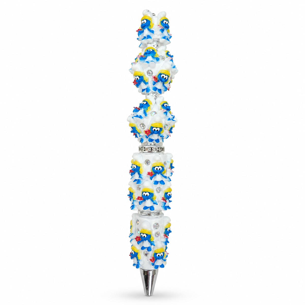 Smurfin Figuurpen – Blauw & Wit met Bloemen, Strass & 3D Details