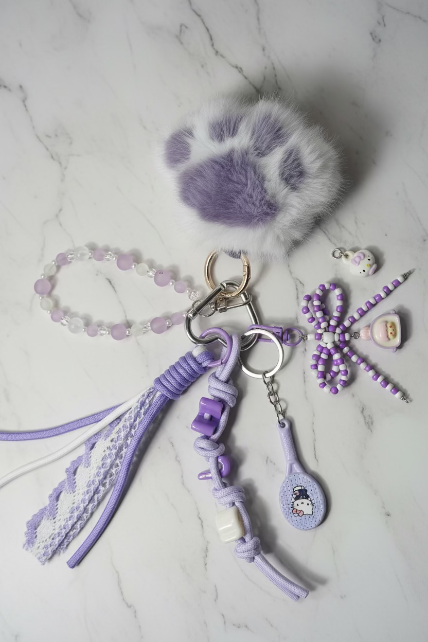 Handgemaakte Kawaii Bag Charm/Sleutelhanger met Fluffy Pootje & Bedeltjes
