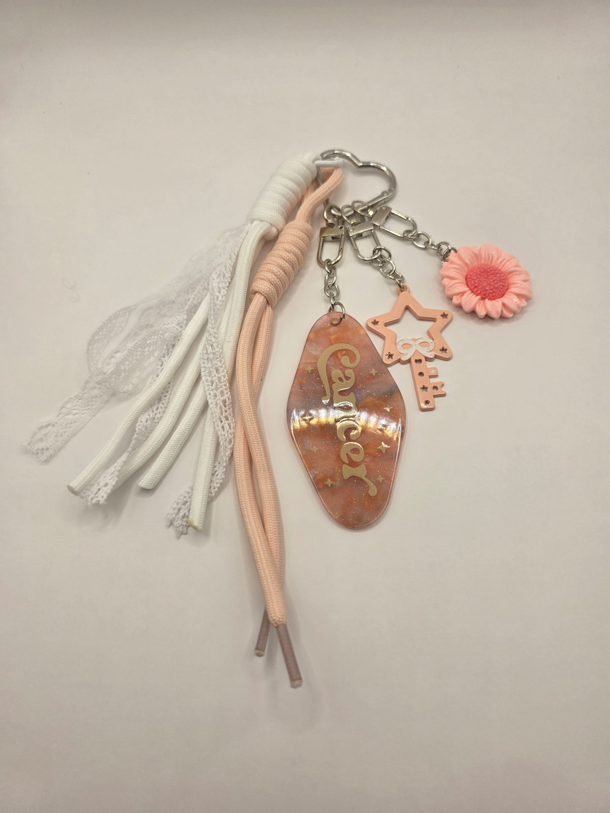 Peachy Sweet Bunny Bag Charm – Zachte Roze Tassenhanger met Bloem & Sleutel